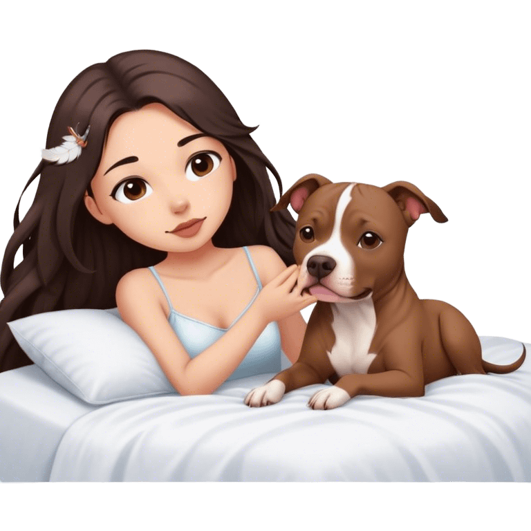 A pretty girl with long dark hair feathers  cascading down her face sits on the bed with her brown pit bull  laying beside of her heart is flying all around emoji