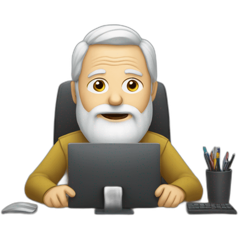 old man with beard sitting at desk with 3 monitors emoji