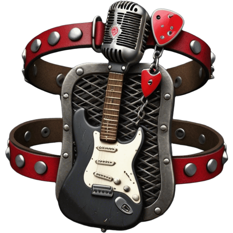 Create a powerful and dynamic humanless emoji representing rock vocals. The design should feature a classic vintage microphone with a rugged, distressed look, surrounded by elements like a guitar pick, electric guitar neck, and sound waves to reflect the raw energy of rock music. Add subtle details such as a spiked bracelet, leather textures, or bold lightning bolts to evoke the rebellious and intense spirit of rock. Use dark, edgy colors like black, red, silver, and metallic accents to emphasize the fierce, loud, and passionate nature of rock vocals. The background should be transparent. emoji