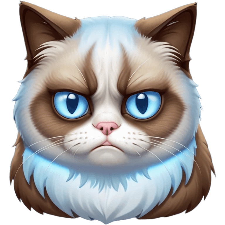 Cinematic Meme-Worthy Grumpy Cat meme Portrait Emoji, Head held high but eyes filled with dramatic disappointment, soft brown fur , white paws planted firmly in defiance, signature grumpy cat frown perfectly etched on its face, icy-blue eyes radiating pure disapproval, Simplified yet hilariously over-exaggerated features, highly detailed, glowing with an aura of supreme annoyance, high shine, exhausted yet judgmental, stylized with an almost regal pettiness, bright but brooding, soft glowing outline, capturing the essence of a feline that has seen it all and is thoroughly unimpressed, so meme-worthy it feels like it could instantly become the next viral sensation of grumpiness! emoji