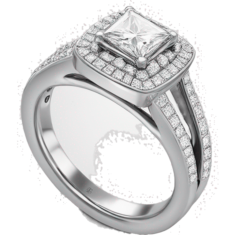 White gold engagement ring princess cut halo with double band and hundreds of diamonds in the band  emoji