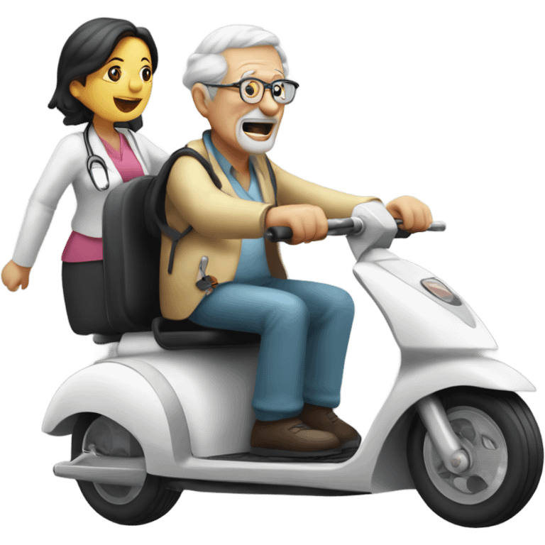 Old man riding a medical scooter chased by a group of women emoji