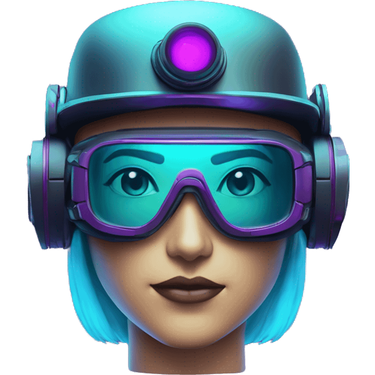 Secret humanoid agent in a futuristic hat with in Apple VR goggles headset code display on the goggles , cyberpunk, cyan and purple colors, only upper body portrait, front facing the camera  emoji