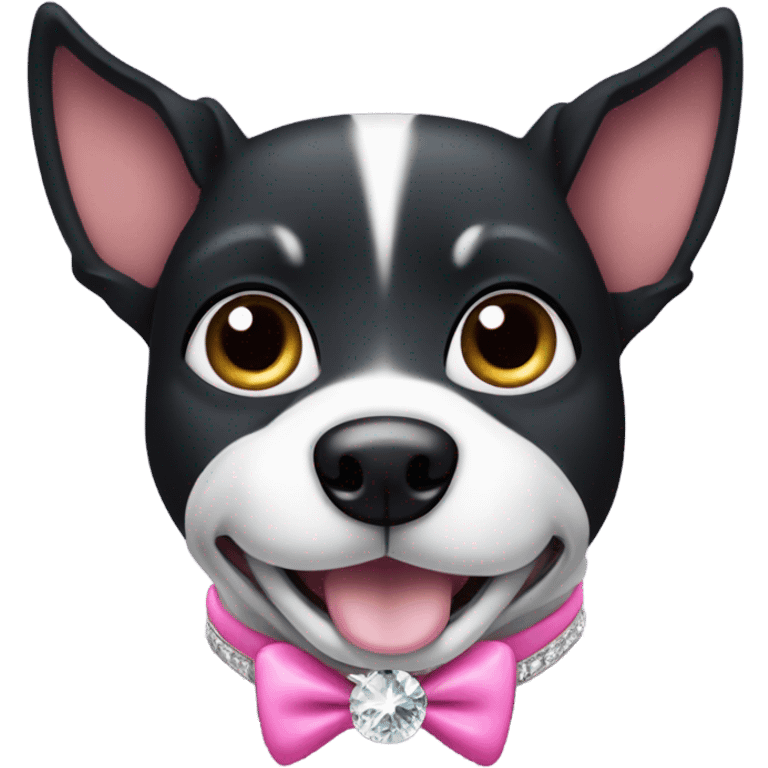 Black dog with a normal pink collar with diamonds on and pointy ears, make sure the dog has some white on its chest  emoji