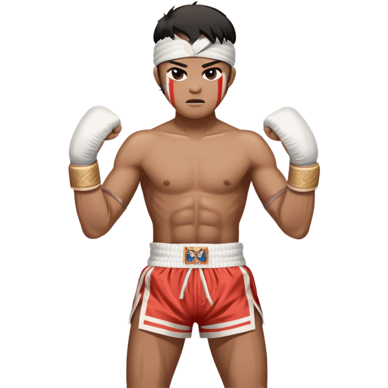 ​Cinematic Realistic Traditional Muay Thai Fighter such as Buakaw Banchamek, depicted in authentic attire featuring white bandaged gloves wrapped around his fists, a traditional headband tied neatly, and classic Muay Thai shorts, captured in a dynamic fighting stance under dramatic, high-energy lighting that highlights the raw power and elegance of the art, emoji