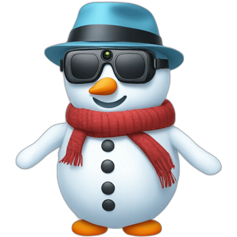 Cute snowman in vr headset, hat, scarf, full body emoji