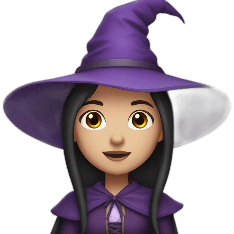 a young white brown thin girl with straight dark hair dressed as a purple witch emoji