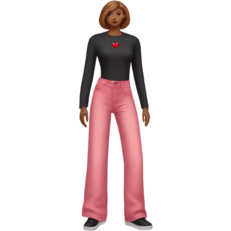 Realistic long Wide leg high waisted pink jeans with small red heart print, isolated emoji