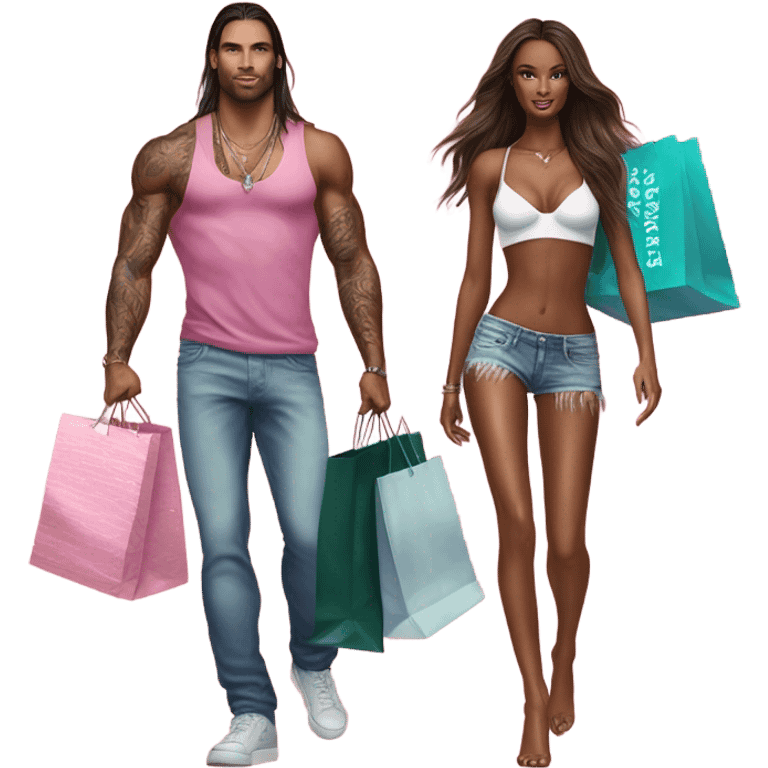 Photo of Victoria secret model shopping with a tattooed male model carrying bags emoji