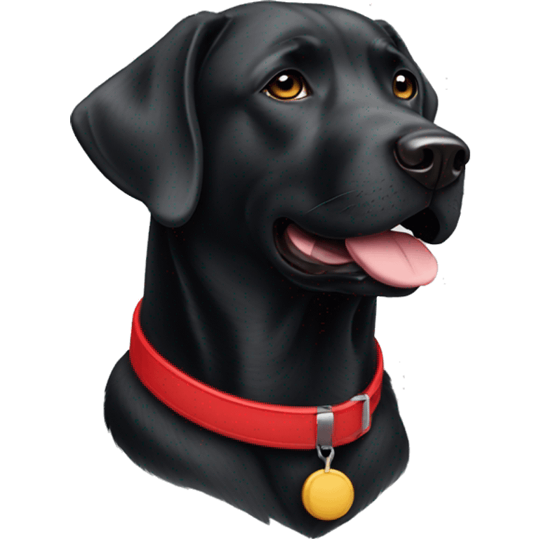 elderly black labrador with jowls wearing a red collar that has nothing else on it. emoji