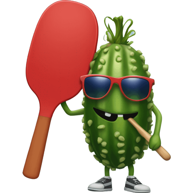 pickle with legs, holding a solid red paddle ball racket, blue backgound, wearing sunglasses emoji