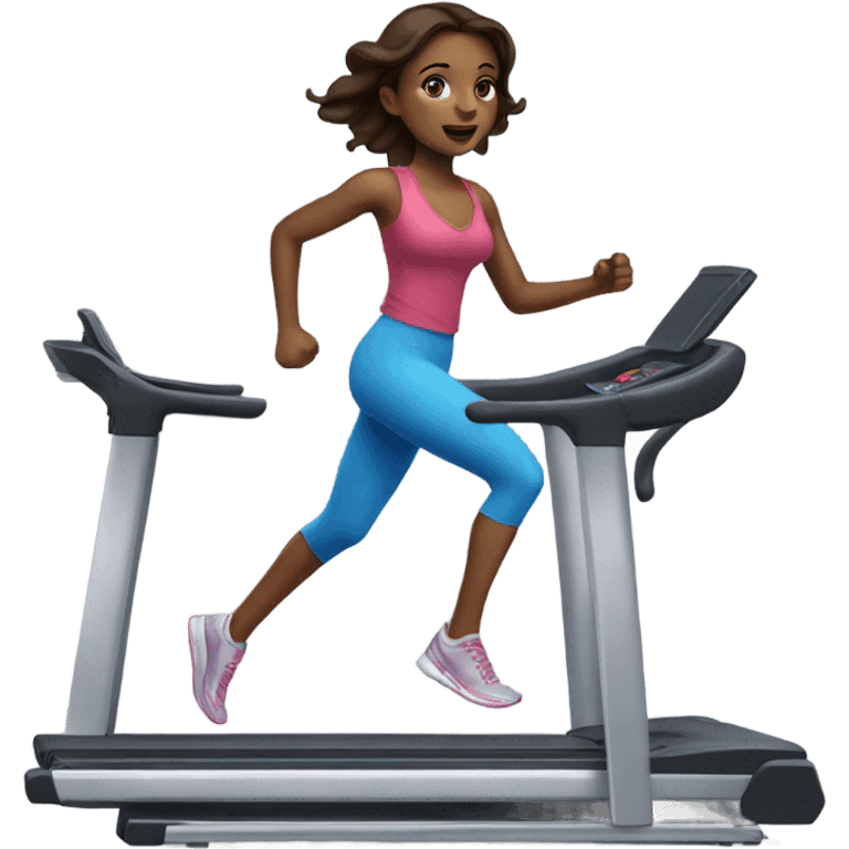 Realistic brunette girl with bright blue eyes running on treadmill  emoji