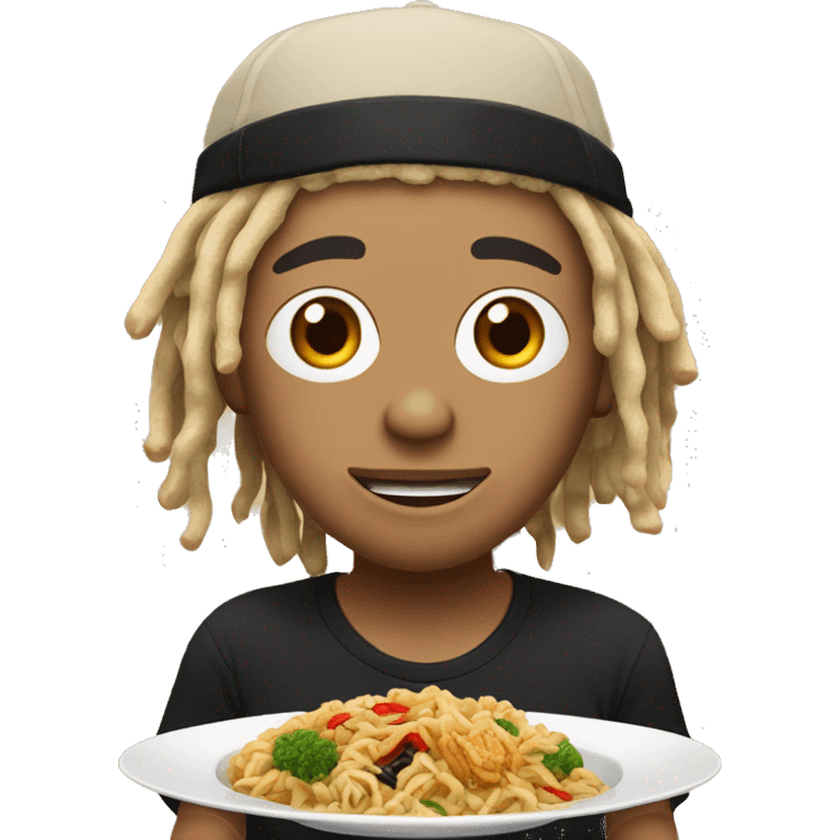 Lightskin dude with blonde dreads and black running hat eating asian food emoji