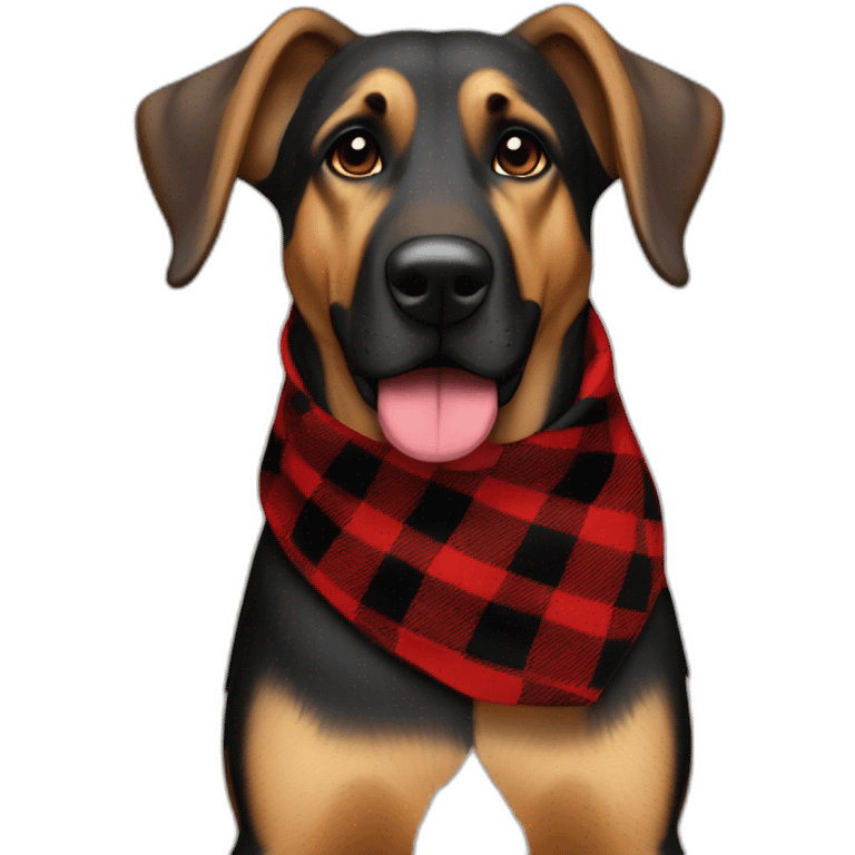 75% Coonhound 25% German Shepherd mix dog wearing small pointed red buffalo plaid bandana pointing down side view full body facing left emoji