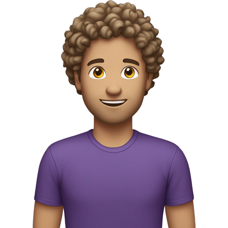 white Man with laptop in purple tshirt with curly hairs emoji