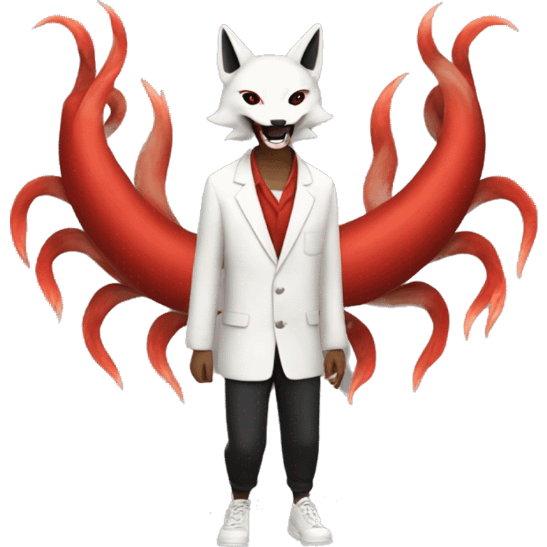 Programmer with Japanese red, black, white kitsune mask walks 2 legs with nine tails emoji