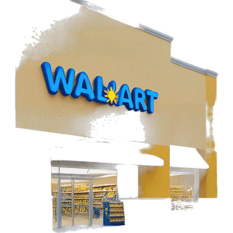 “Walmart store with a simple, recognizable design, featuring the iconic sunburst logo, blue and yellow color scheme, and storefront details that convey a large retail environment.” emoji