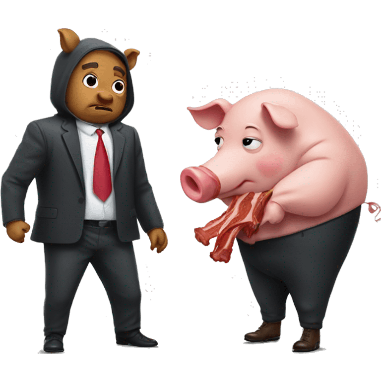 A big bad pig in a suit with a man in a hoodie holding bacon emoji