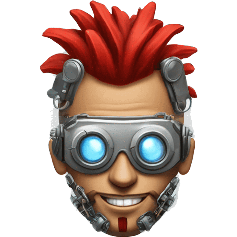 cyborg head with red Mohawk, red beard. silver steampunk monocle goggles a smile and circuits emoji