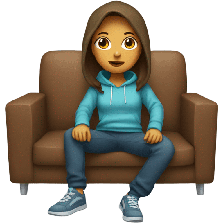 A girl with square brown hair in a hoodie and pants on the couch emoji