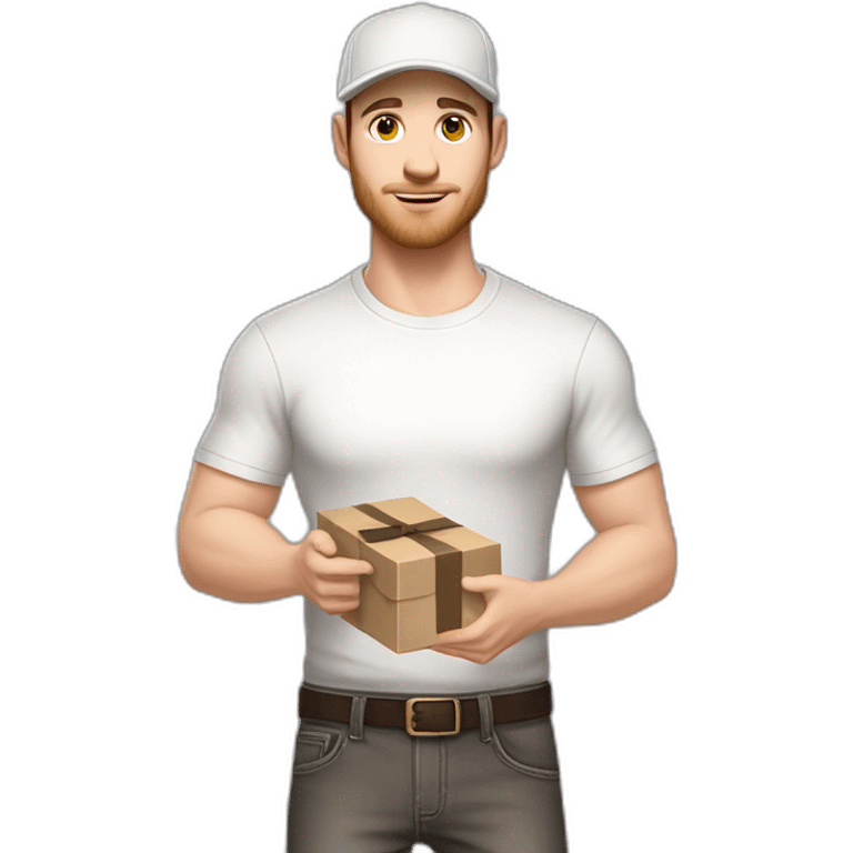 Pale skinned fit Man with dark brown hair in a light gray cap, dark brown jeans, brown polo and white T-shirt keeping a pasted with tape white box into his hands emoji