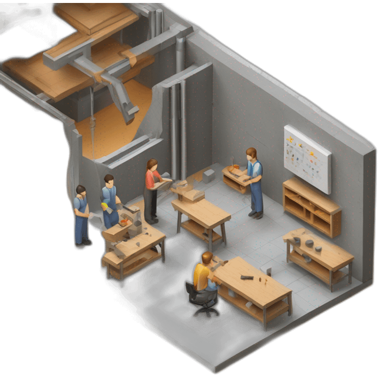 isometric teacher with student woodshop metalshop people teaching tools simple brutalist industrial makerspace concrete close up  emoji