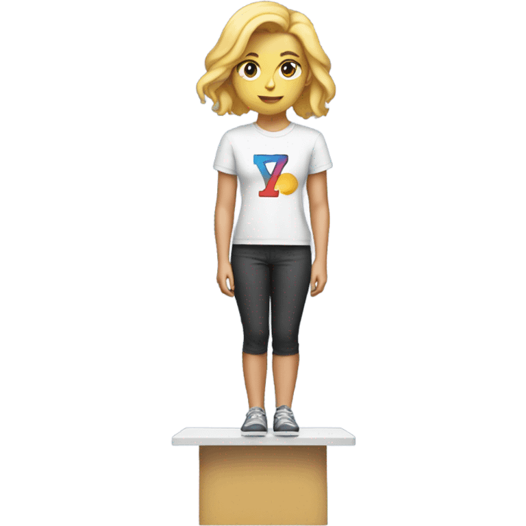 A blonde girl standing on top of a podium wearing a t shirt that says Y7 emoji