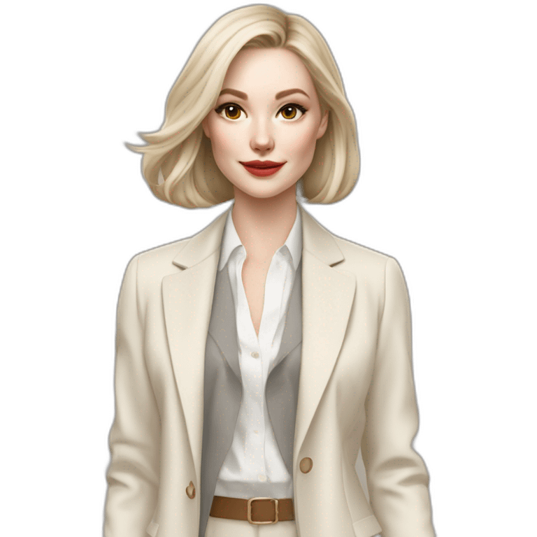 pale skin woman with ash blonde Straightened bob Hair, White Spacious classical jacket, beige palazzo Arrow pants and gray blouse holding RAL colour palette in the hands emoji