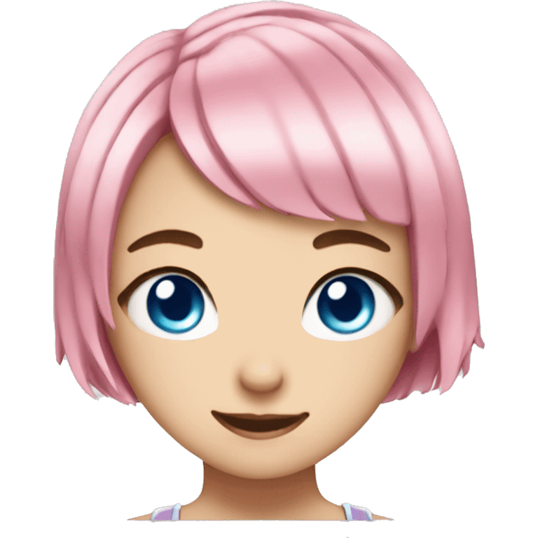 anime girl with pink short bob hair, blue eyes, winking emoji