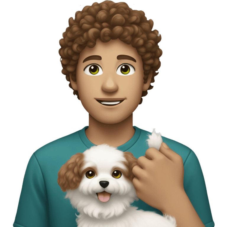 White boy with curly brown hair and blue-ish green eyes holding a small white fluffy dog emoji