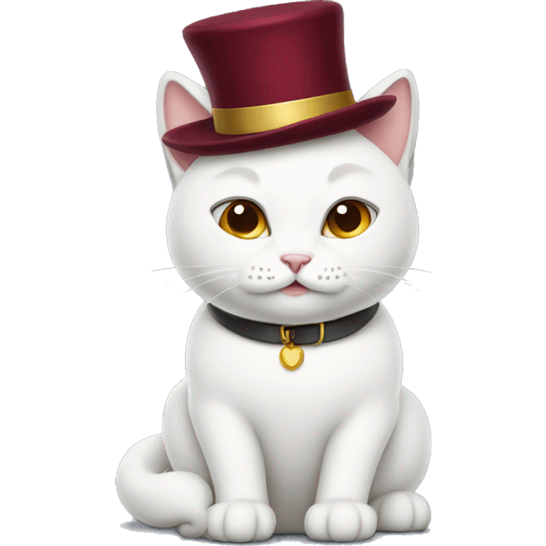 
white cat with a New Year's burgundy hat on his head and a collar emoji