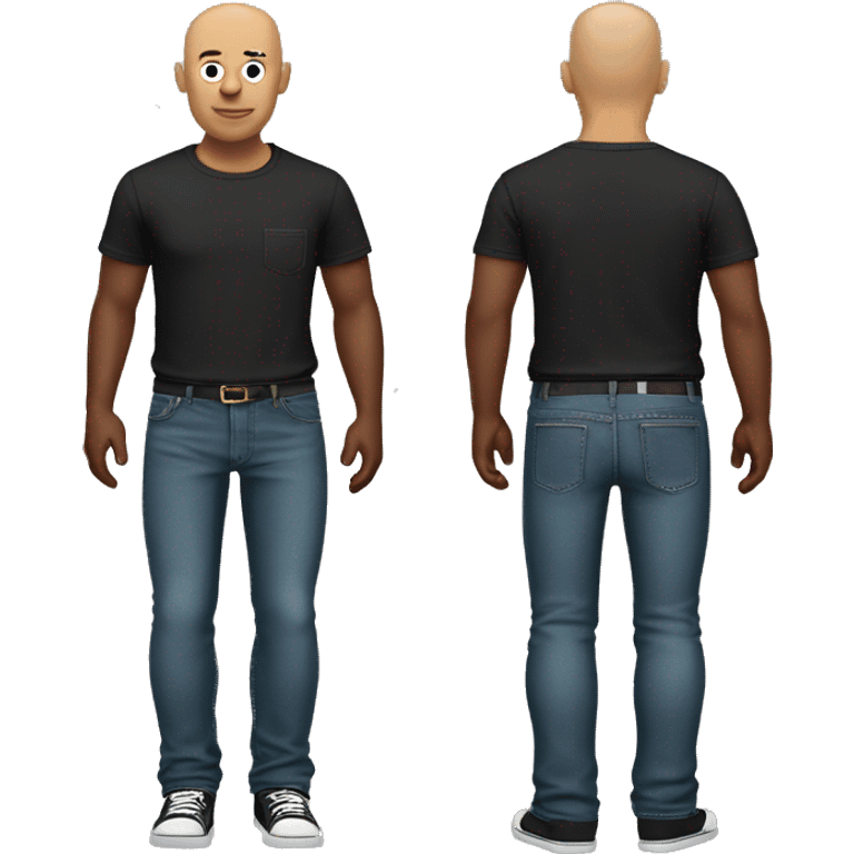 Standing bald man with a black and wine t-shirt with a pocket and a jeans pants emoji