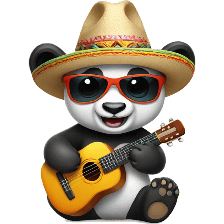 happy panda wearing sunglasses and a sombrero playing ukulele emoji