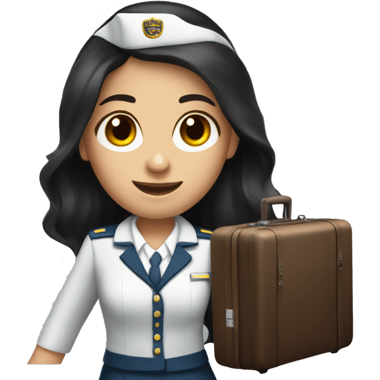 long dark hair brown eyed girl flight attendant holding suitcase emoji