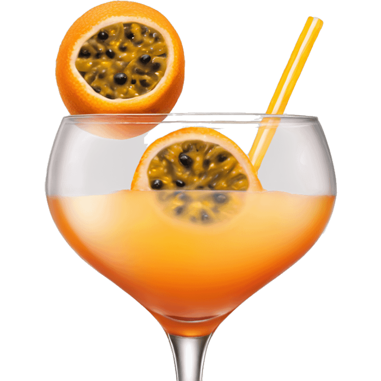 orange drink in a triangle cocktail glass with half of passion fruit on top emoji