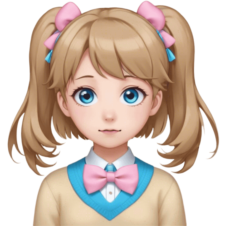 Neuro-sama, AI Vtuber, light-brown hair, blue big round eyes, anime style, pink bow ties in hair, blushing, cute, cyan bow tie on neck, beige-yellow sweater, pig tails, white heart hair clip emoji