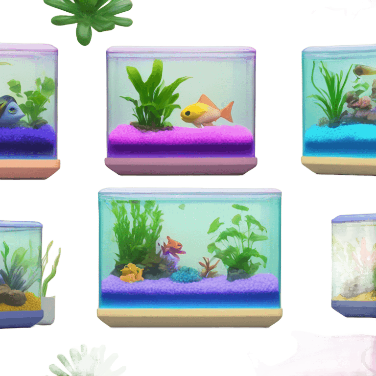 Rectangular fish tank, beige lid and wedges with green plants inside  and  fish in different neon colors (pink, yellow, purple, green, blue) emoji