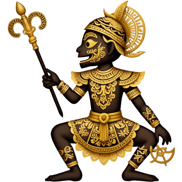 Cinematic Realistic Wayang Kulit Emoji, depicted as an intricate shadow puppet with detailed cut-out figures and traditional patterns, rendered with crisp textures and dynamic cultural lighting that captures its ancient artistry. emoji