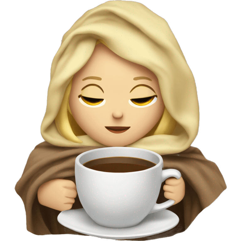 Blonde girl inside a blanket sipping coffee eyes closed emoji