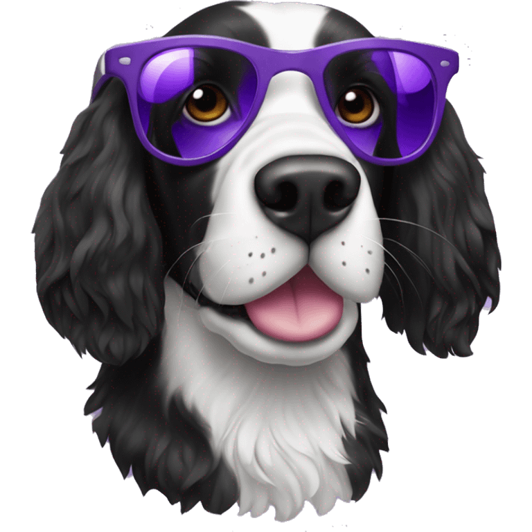 Black and white springer spaniel with a sly smile and looking over the top of its purple sunglasses  emoji