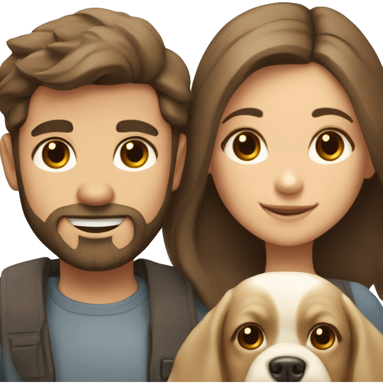 Brunette happy couple boy with beard and girl  with long hair with one cute beige French bull dog  emoji