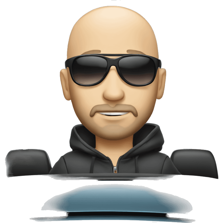 good looking bald man with a beard and sunglasses driving a sports car emoji