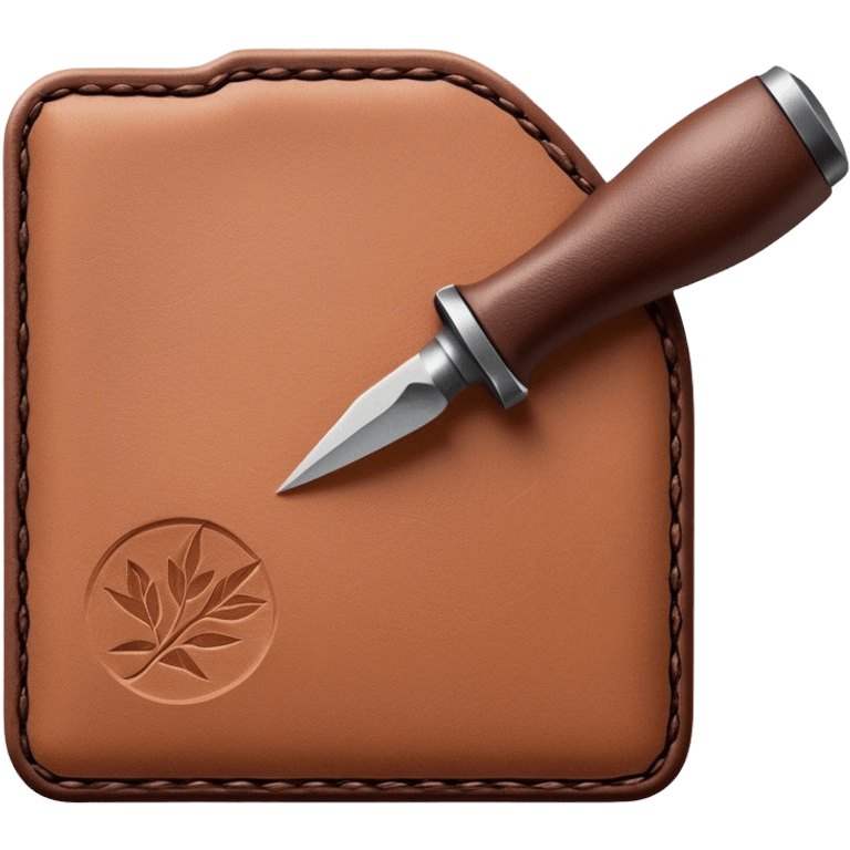 Leatherworking icon, piece of raw leather with started engraving, engraving tool or chisel, stamp or press, textured surface, minimalistic style, clean lines, transparent background. emoji