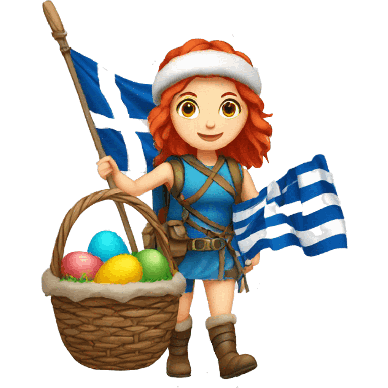 Greek Female winter mountaineer red hair white skin climbing with Greek Flag and Easter eggs basket emoji