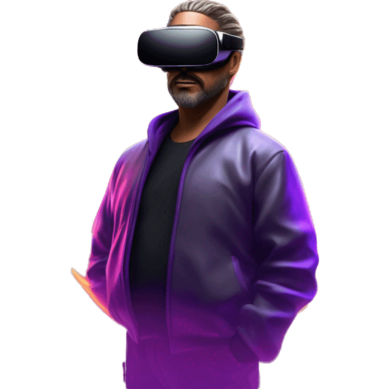 Big Lebowski wearing a black hoodie with "OMG" letters on it and VR headset oculus quest 2 in a cyberpunk VR environment with violet neon lighting. emoji