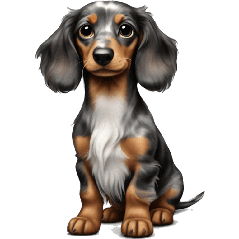 Tri Merle long haired Dachshund puppy full body emoji