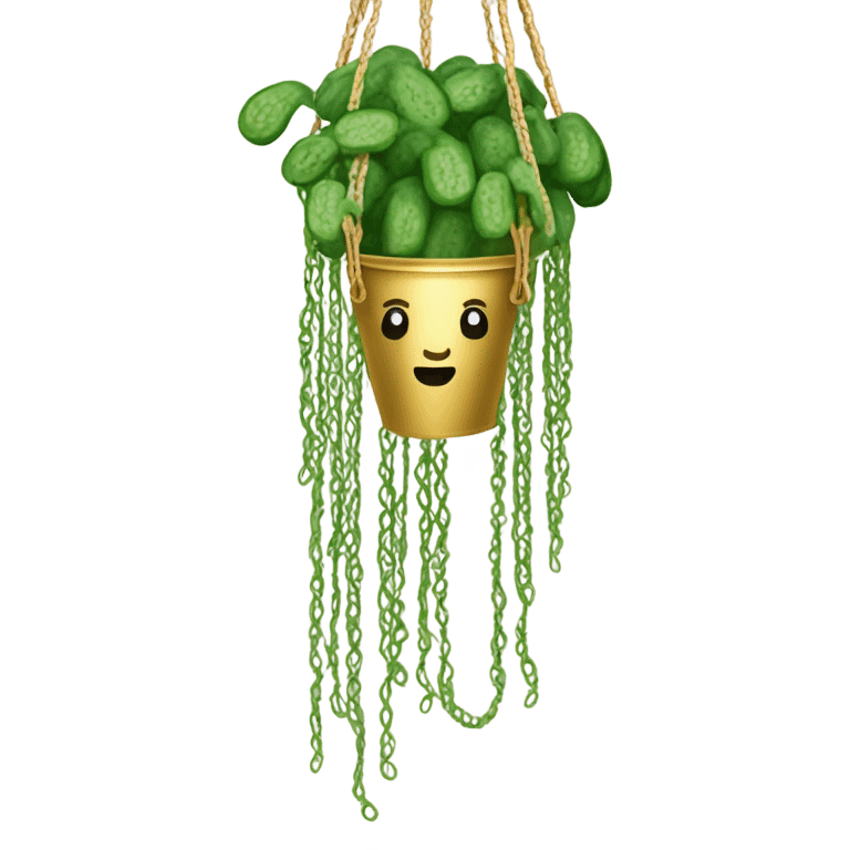 Hanging macrame gold planter with cucumbers growing down  emoji