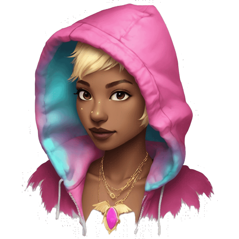 Pink magenta burgundy maroon cyan beige gray fox wearing a pink hoodie with gold jewellery gold piercings gold ear piercing gold nose piercing vintage watercolour tie dye black raven wings emoji