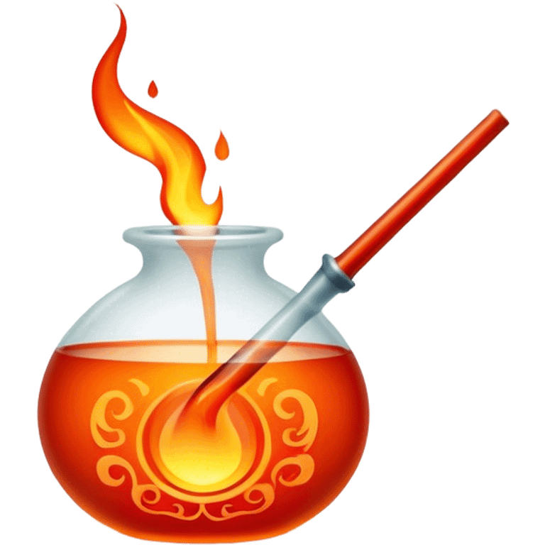 Glassblowing and casting icon, molten glass being shaped with blowpipe, glass piece in the mold, glowing red-hot surface, intricate patterns forming, minimalistic style, clean lines, transparent background. emoji