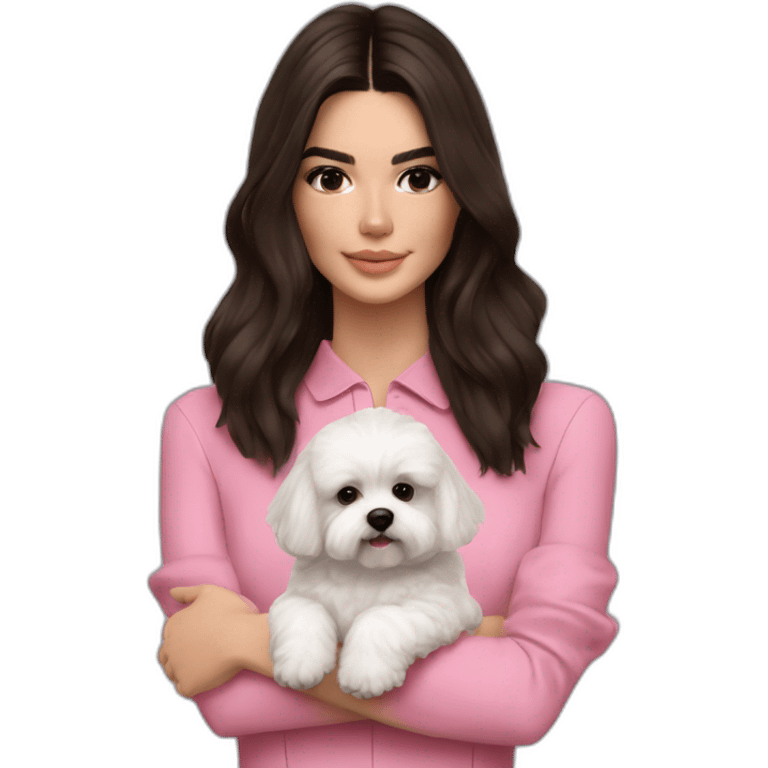 brunette Kendall Jenner with long hair holding on the hands white maltipoo in pink collar emoji